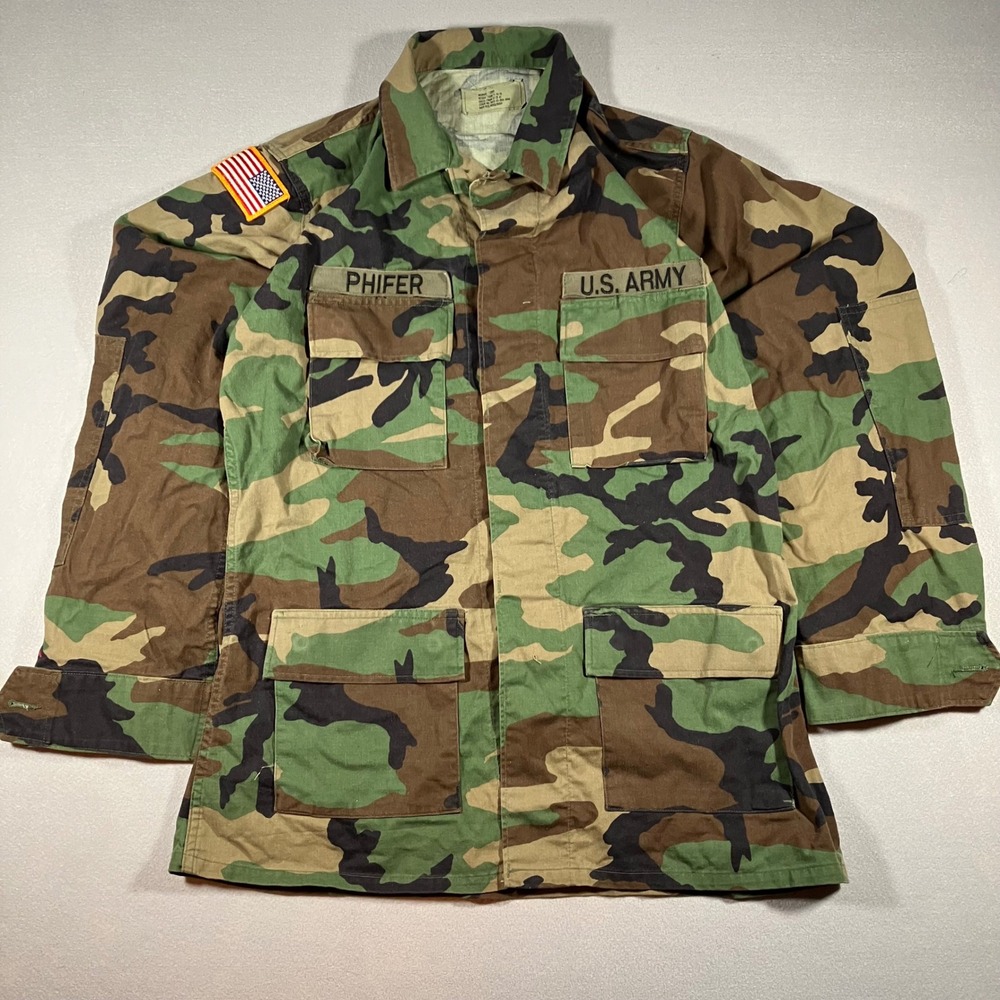 Vintage US Army BDU Field Jacket Woodland Camo Medium Long Phifer Name Tape USGI